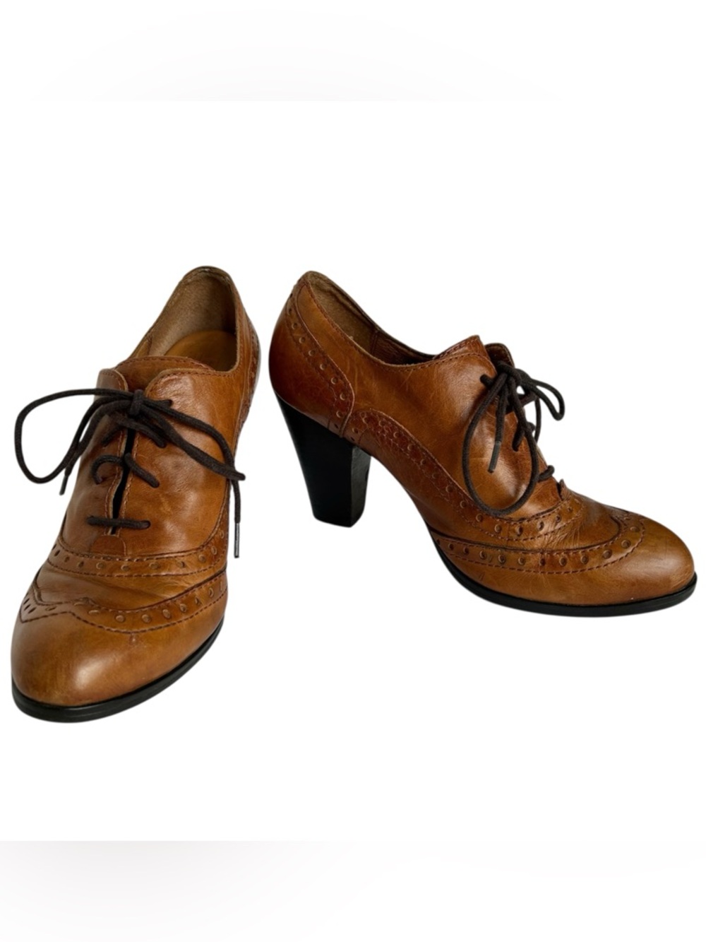 BORN Waverly Oxford Booties Sz 6 Cognac Brown Leather Wingtip Lace-Up Academia